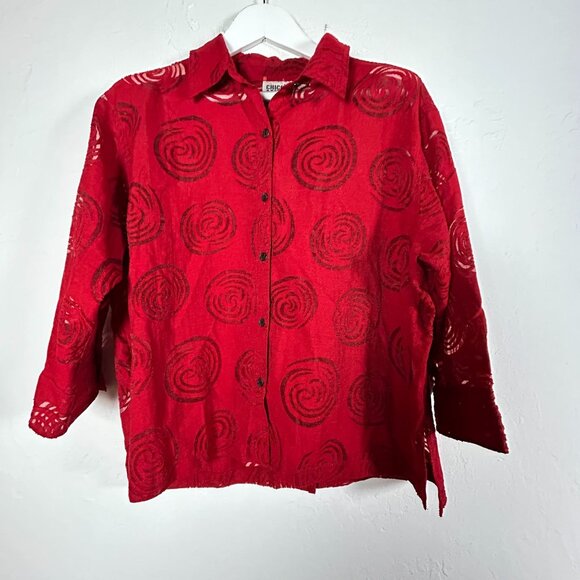 Chico's Design Womens Red Button-Up Sheer Spiral Pattern 3/4 Sleeve Shirt Size 3 - Picture 1 of 7